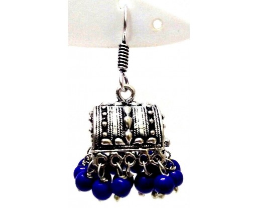 Silver Oxidized Earring - Hook Dangle Drop Tribal - Magic Box with Blue Beads 4